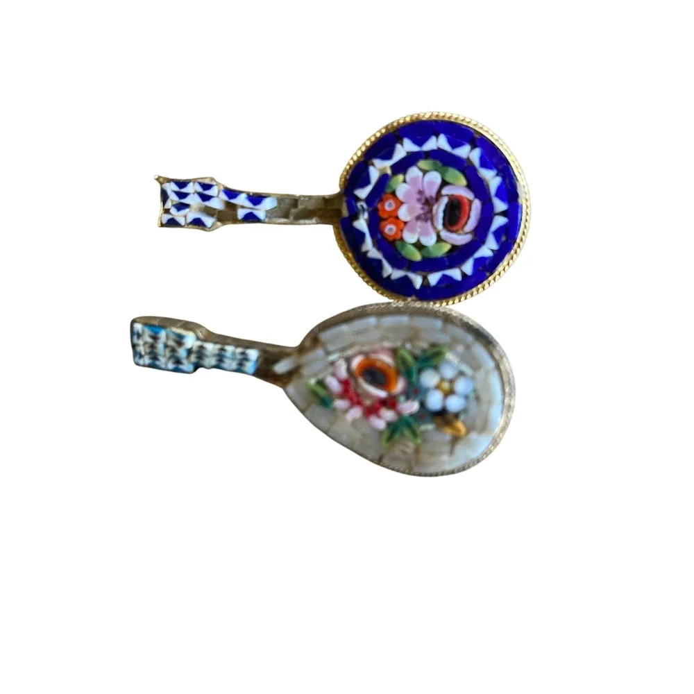 Vintage Italy Micro Mosaic Brooch Set Mandolin Banjo Floral Musical Pins Gold